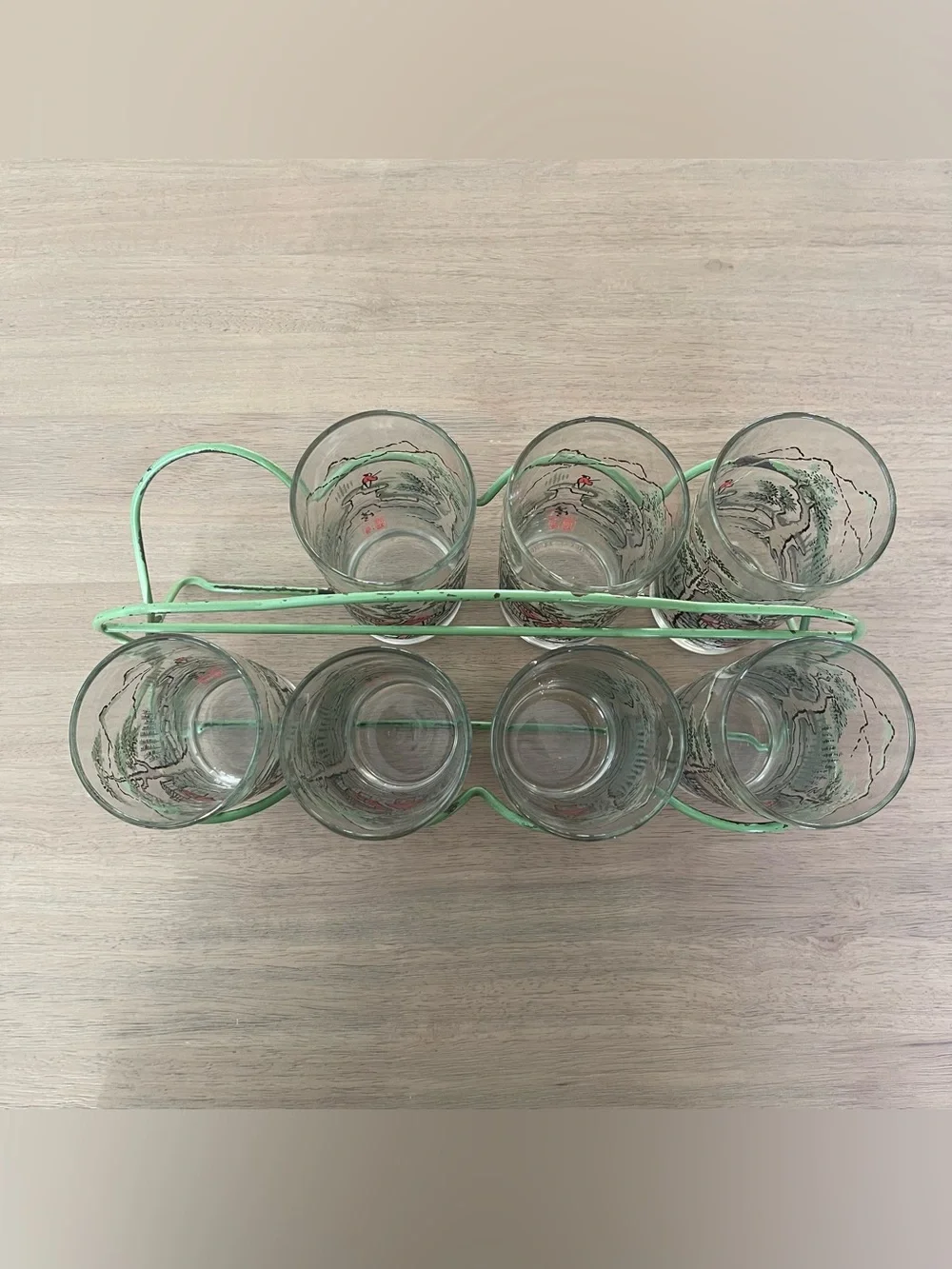Vintage MCM Libbey “JAPANESE GARDEN” Highball  Glasses Green Tote Rack Set of 7